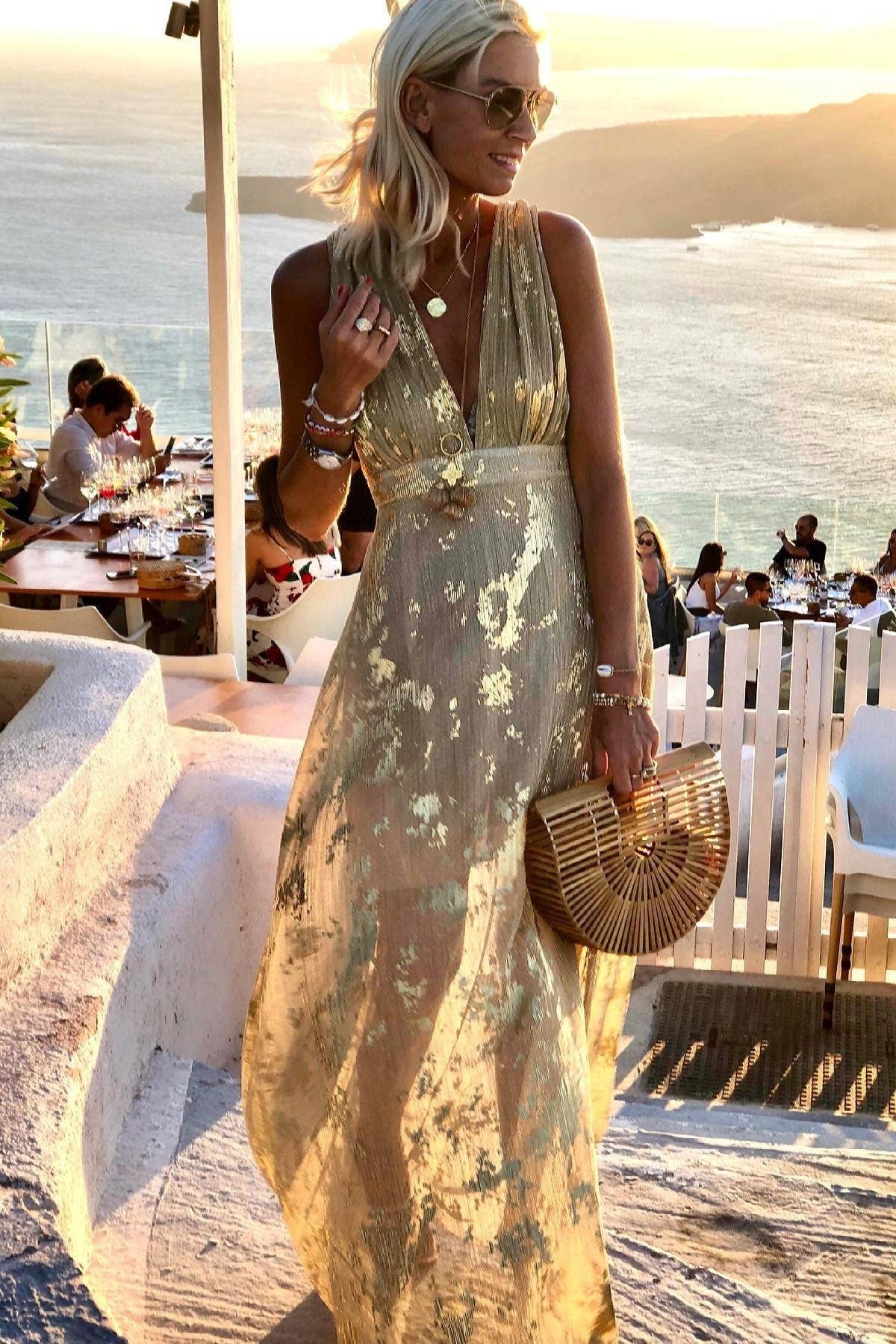 Gold V Neck Flowy Hem Maxi Dress Texas Outlaw Boot and Fashion