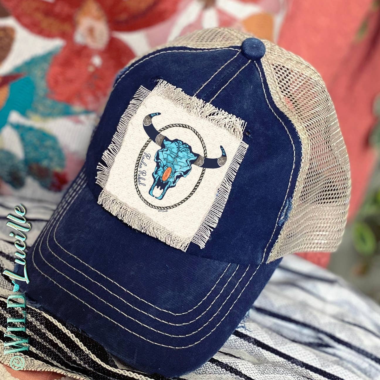 Rodeo Rebel Turquoise Skull - Trucker Hat Caps (more colors)