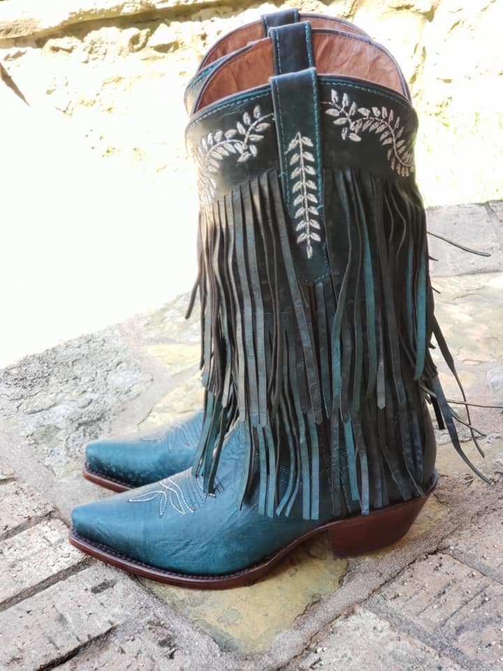 Teal fringe booties store